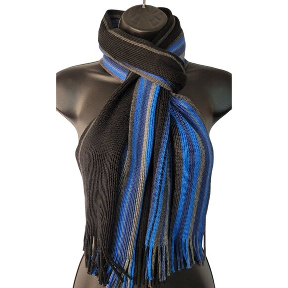Apt. 9 Unisex Fringed Scarf Black Blue Stripes 12x64 - Picture 1 of 4